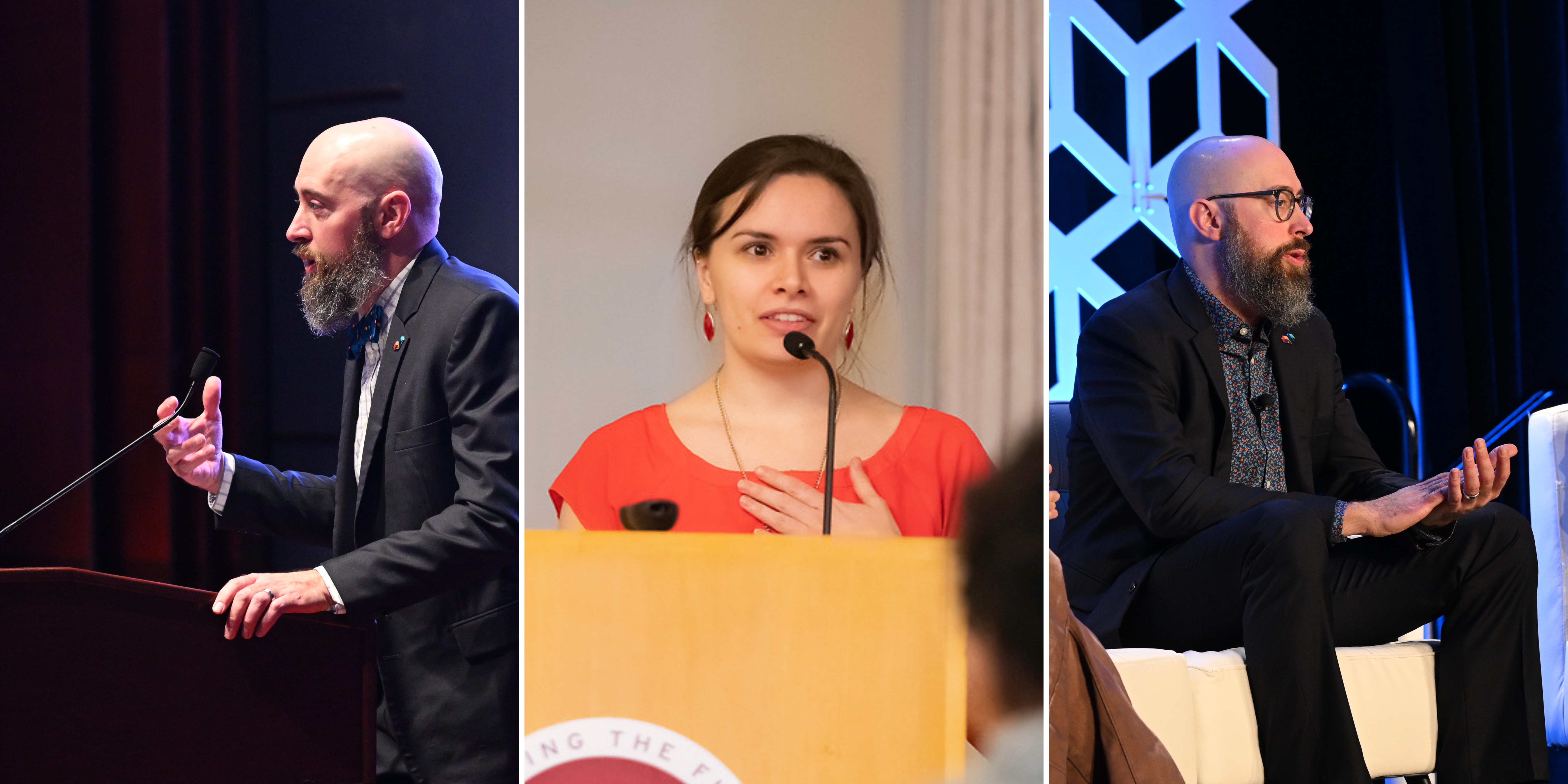 Three images of MENTOR Vermont staff speaking at formal events